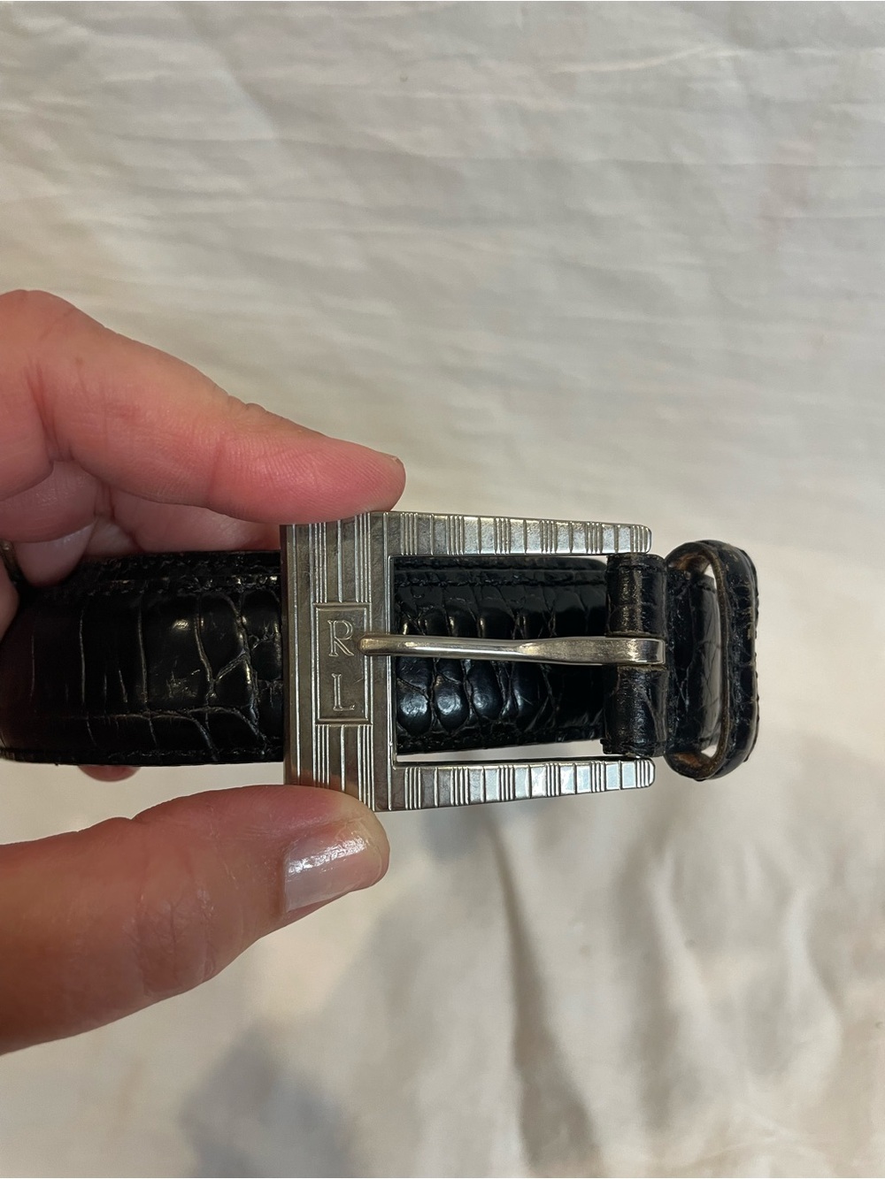 Ralph Lauren Black Embossed Leather Belt Croc Print Silver Buckle Size M